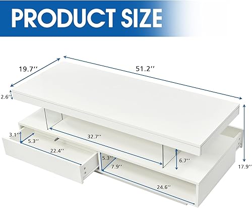 Miniatura 2 de Mesa de centro LED blanca para sala de estar, moderna mesa central inteligente de alto brillo con almacenamiento, mesa auxiliar rectangular de 2