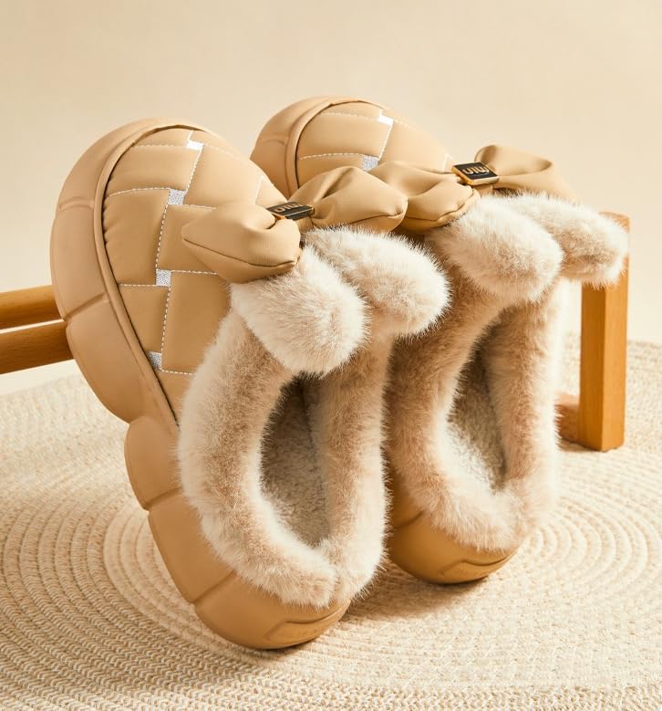 Thick Sole Fluffy Slippers for women, Winter Women's Waterproof & Warm Slippers with Bow Decor, Soft Fleece and Stylish Design Fuzzy Slippers2