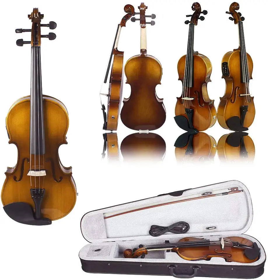 Kit de Violino Elétrico Acústico com EQ e Topo Pinheiro Maciço Case Rígido Apoio Ombro Cabo Áudio Cordas Pano Limpeza para Iniciantes Estudantes Amantes da Música