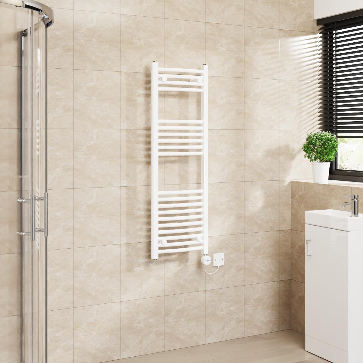 Warmehaus Touch Screen Electric Towel Rail Curved Timer White 1200x400mm — image 1