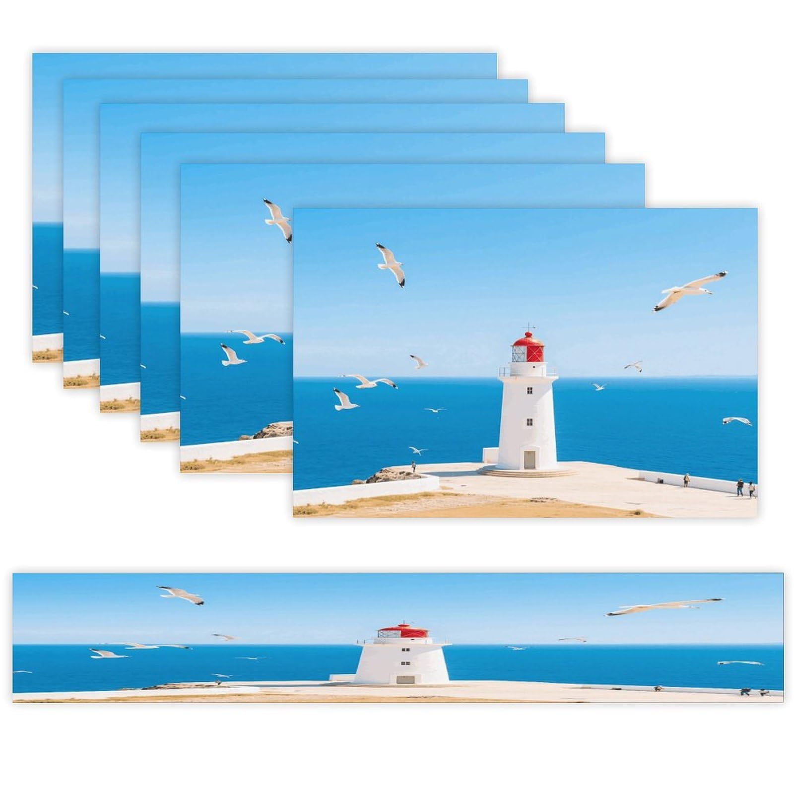 Santorini Greek Island Landscape Table Runner and Placemats Set of 7 Linen Table Mat Non-Slip Place Mats Washable Placemat Heat Resistant Place Mat with Table Runner for Party Dining Decor