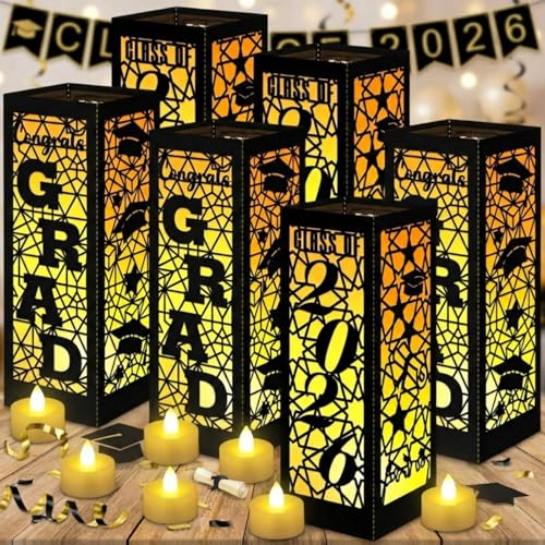 Rossesay 6 Pcs Graduation Table Centerpieces Boxes Class of 2026 Graduation Lanterns for Centerpieces with LED Candles Congrats Grad School College Photo Props for Party Table Decoration (Black)