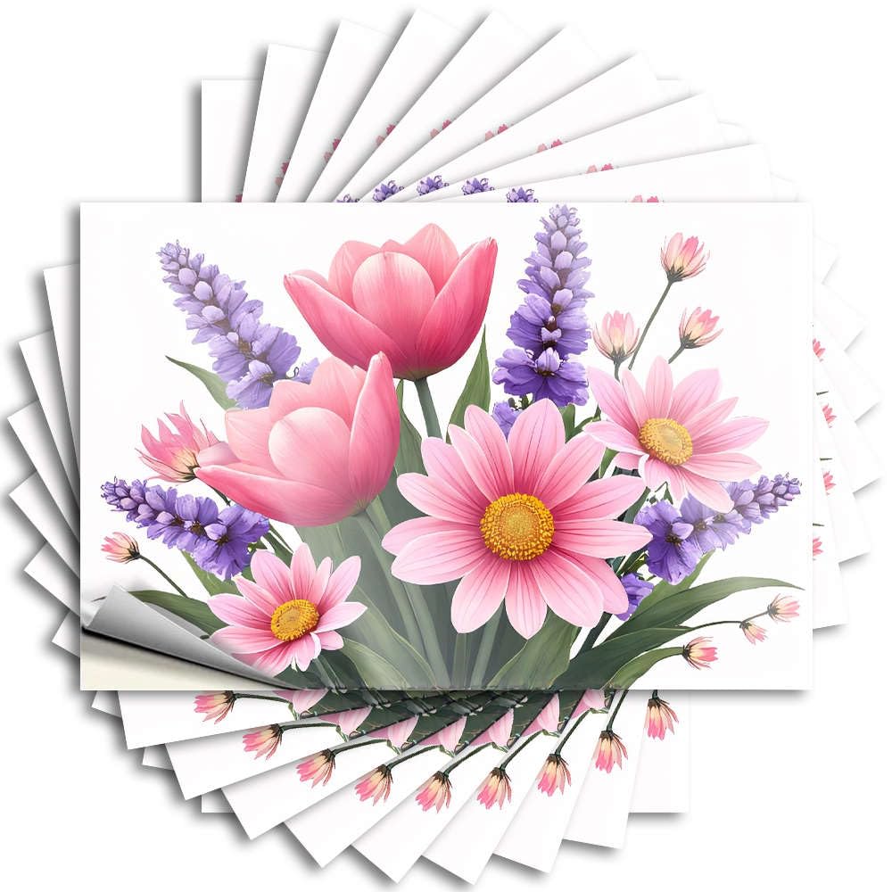 A Vibrant Bouquet of Pink Tulips, Daisies, and Purple Lavender. Sticker Patio Decor | Square Cover Removable Decal Pack(6X9CM)