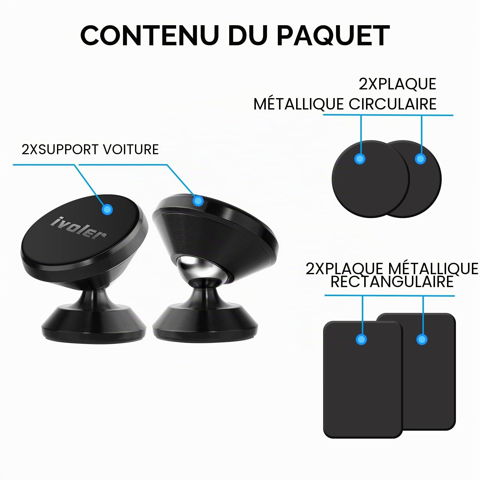 ivoler Support Telephone Voiture, [Lot de 2] Porte Téléphone Voiture Universel 360° Rotation, Magnetique Portable Aimant Adhésif pour Smartphone, Compatible pour Phones ou appareils GPS-Noir
