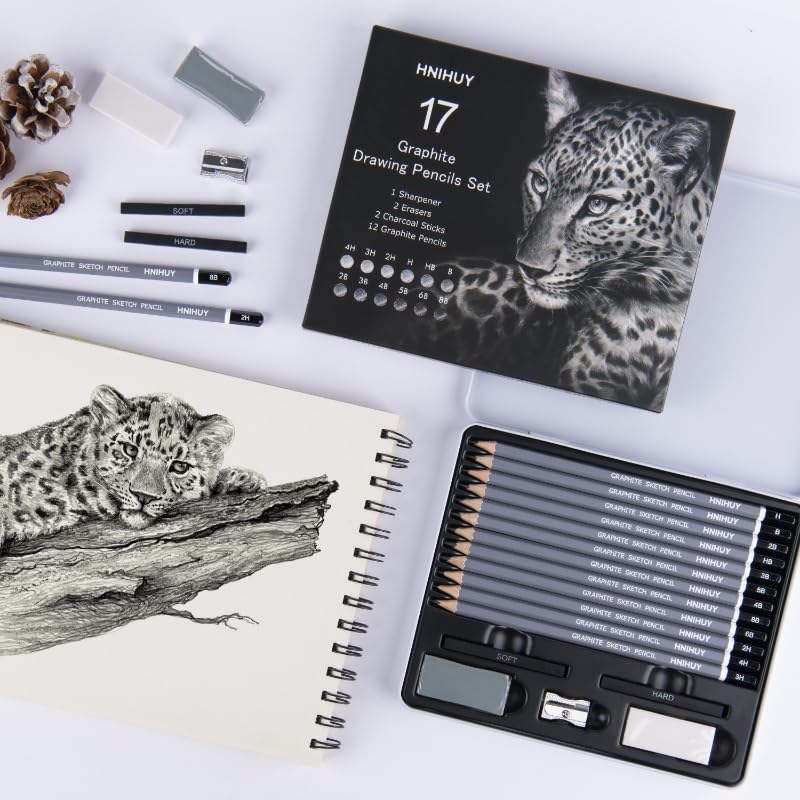HNIHUY Professional Sketch Pencils Set, 17 Pcs, Graphite Pencils (8B-4H), Erasers and Sharpener, Art Drawing Pencil for Artists Beginner Sketching - Image 4
