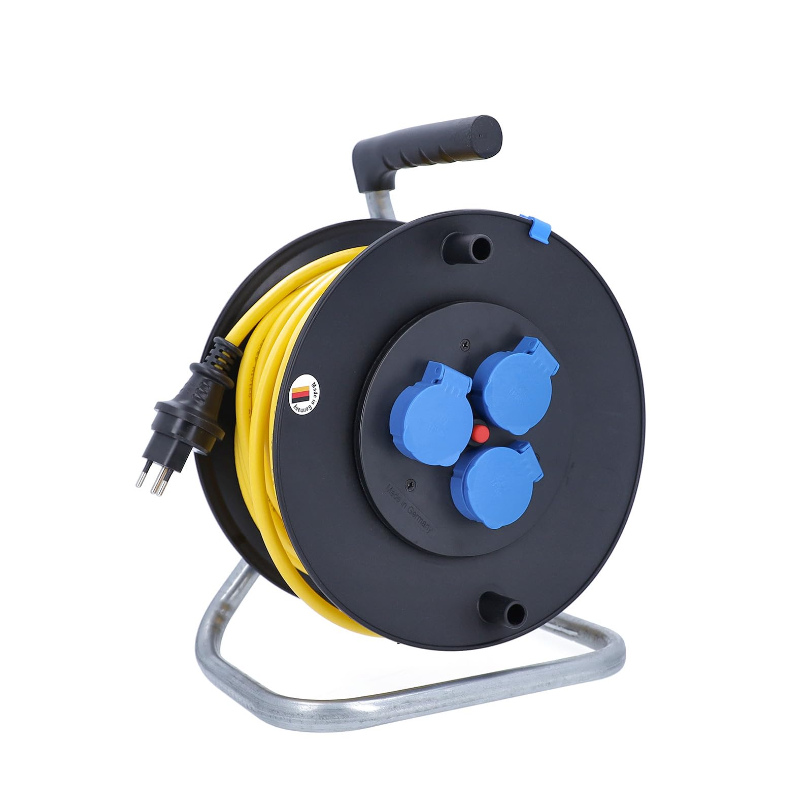 as - Schwabe avvolgicavo 33 m AT-N07V3V3-F 3G2,5, IP44 esterno, con spina SEV T13 IP55, 3 prese Tipo 13, interruttore termico di protezione, Made in Germany