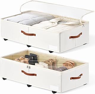 2er-Set Große Unterbett-Aufbewahrung mit Rädern, 60 Liter Volumen - 26,5 cm Höhe (10,5 Zoll) - Weiße Rollbox mit Klarsichtdeckel für Stiefel, Decken & Kleidung