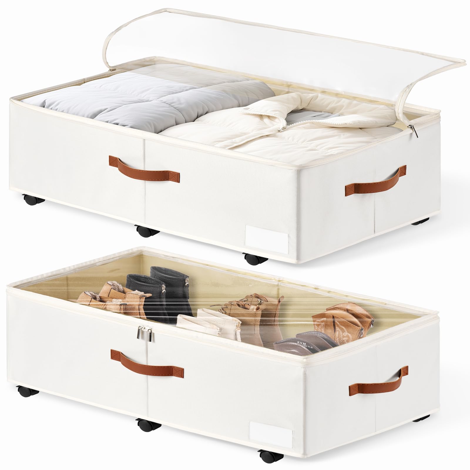 KitHero 60L Large Under Bed Storage with Wheels Pack of 2, Underbed Shoe Container Bin with Clear Lid Cover, 10.5 Inches Rolling Under Bed Drawer Storage Bag Basket for Boots Quilt Sweater - White