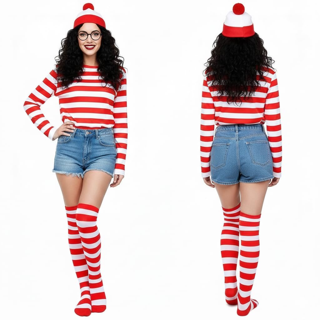 Zynthytic 7 Pcs Wally Costume for Kids Adults Red and White Striped T-shirt Cosplay Accessories with Bean Hat Magnifying Glass Scarf and Socks World Book Day Fancy Dress for Women Men(Women - Image 2