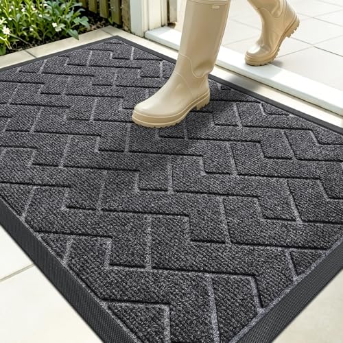 Image of OLANLY Front Door Mat Indoor Outdoor Entrance, Waterproof All-Season, All-Weather Doormat, Sturdy Natural Rubber, Low Profile, Easy Clean Patio Porch Entryway Mat, Herringbone Brick (Grey, 35x23)