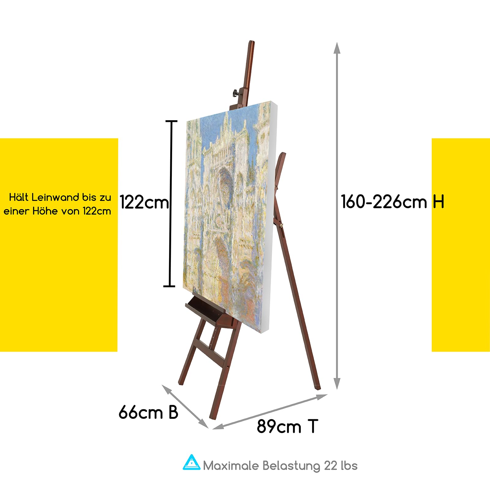 MEEDEN Staffelei Holz Groß 66x226 cm, Verstellbarer Leinwand Ständer aus Deutsche Buchenholz, Klappbare Atelierstaffelei mit Aufbewahungstablett, Holzstaffelei Malstaffelei für Leinwände bis 122cm