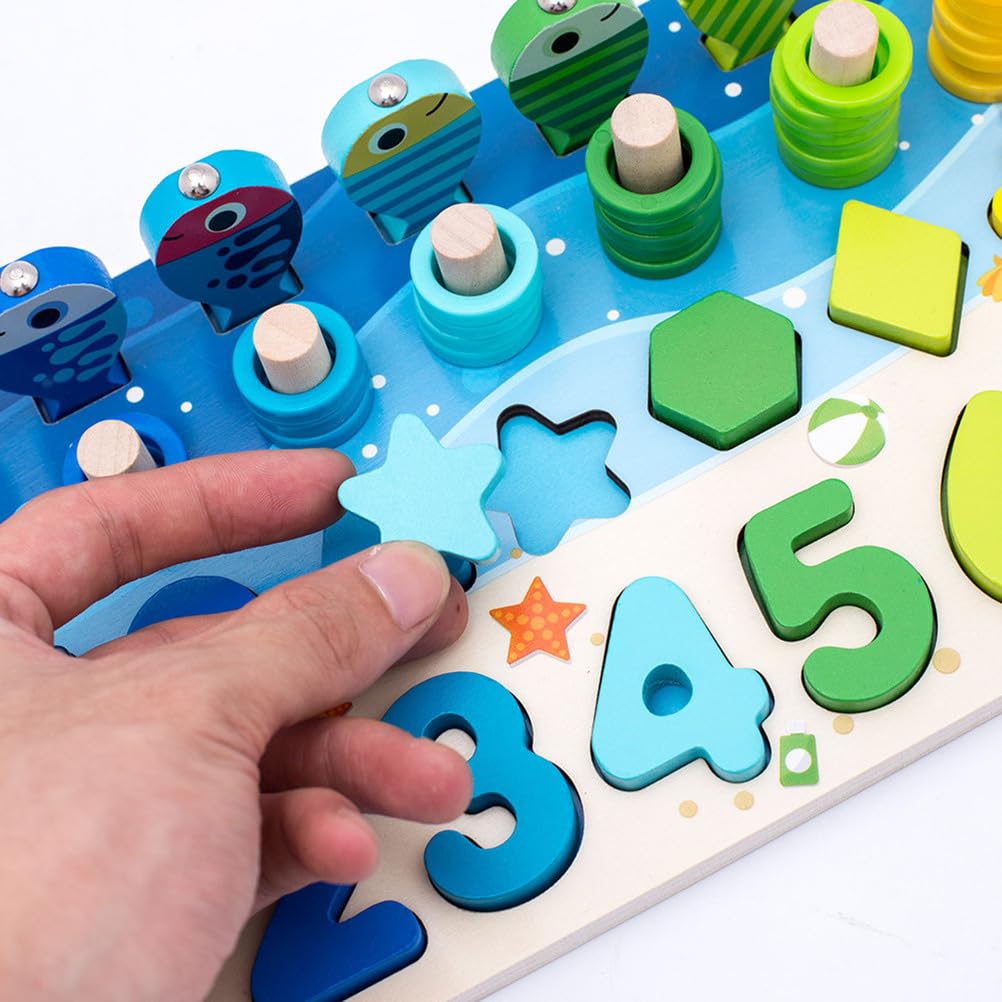 Tabellone Montessori in Legno 5 in 1 per Il conteggio, Gioco di Pesca con Forme di Numeri e Anelli impilabili