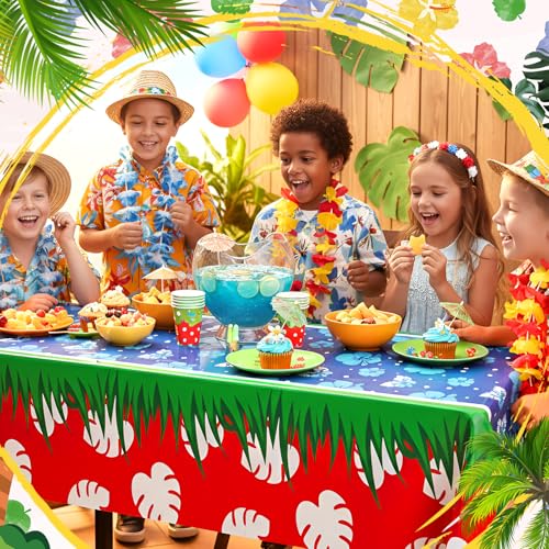 Image of Oudain 3 Sheets Hawaii Hibiscus and Tropical Leaves Tablecloth Birthday Party Decorations Blue Alien Cartoon Table Covers for Birthday Party Supplies