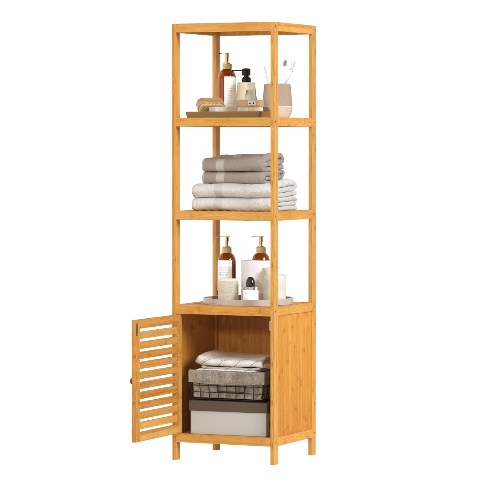 WOLTU Meuble Salle de Bain Bambou, Étagère Colonne pour Salle de Bain | avec 4 Tablettes Ouvertes, 1 Placard avec Porte à Lamelles, 36x33x140cm