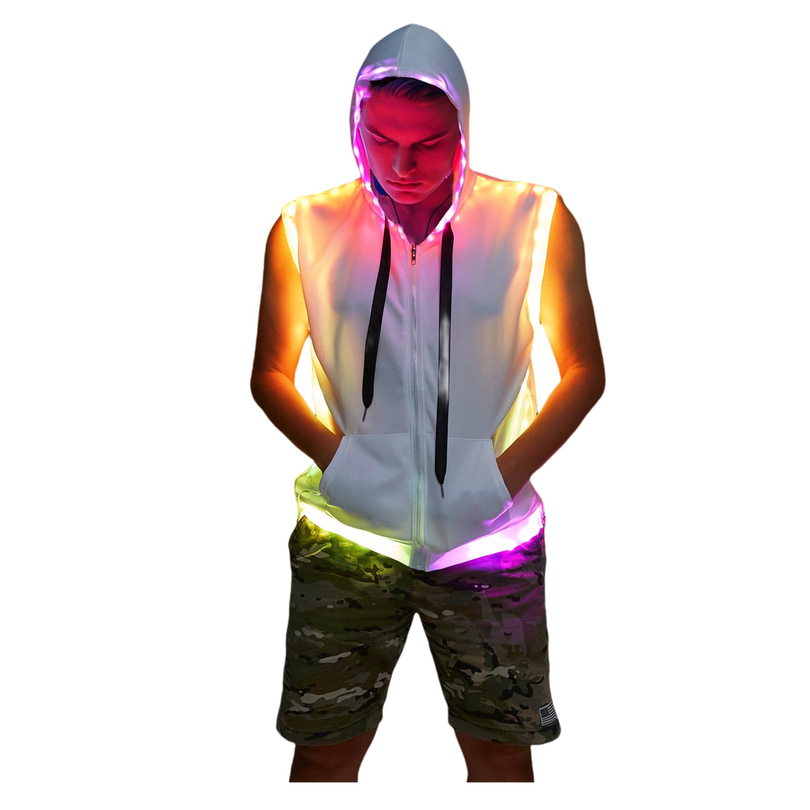 LEDPATY Men White Hooded Tank LED Light Up Sync Burning Man Rave Tops Night Club Show for Halloween Dance Party S (US, Alpha, Small, Regular, Regular, White)
