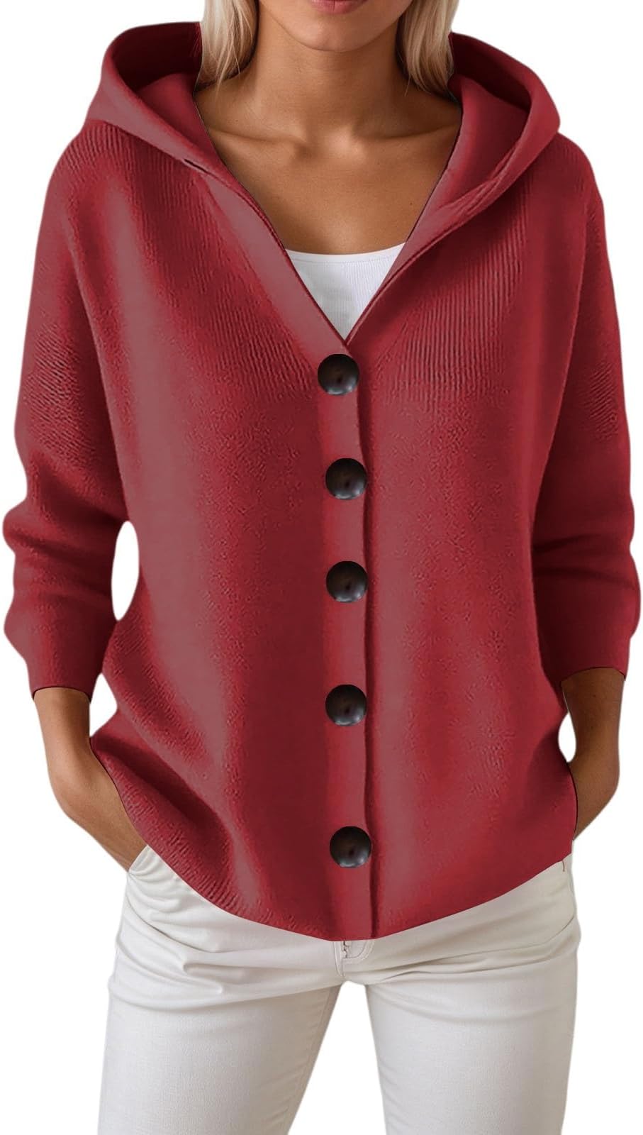Womens Hoodie Sweater Ribbed Knit Button Down Open Front Cardigans Casual V Neck Long Sleeve Hooded Sweaters