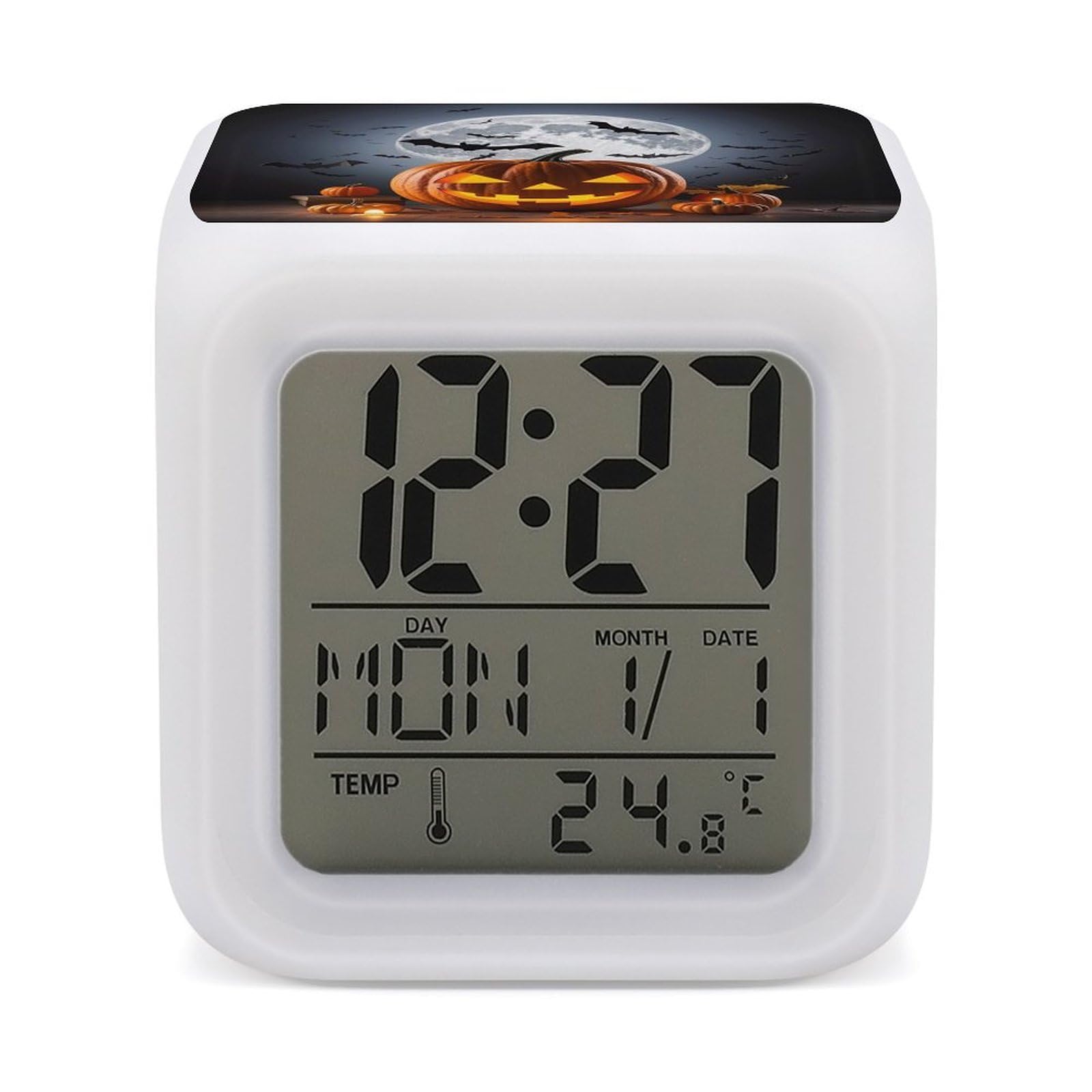 Halloween Moon Bat Pumpkin Alarm Clock for Heavy Sleepers Small Digital Alarm Clock with Date Temperature Wake Up Digital Clocks with 7 Colors Changing Desk Clocks for Bedroom Bedside Nightstand