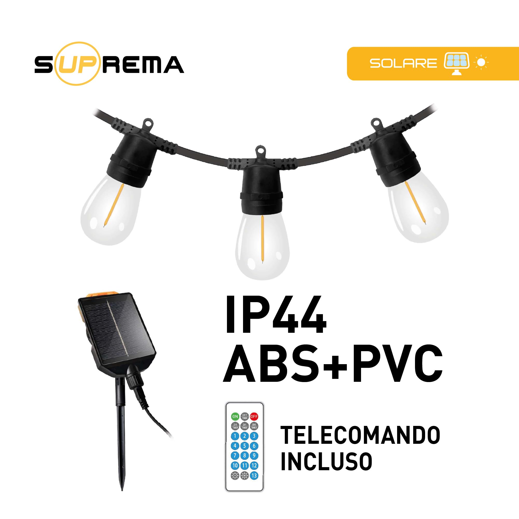 Suprema, Catena Luminosa Esterno Solare 5m, 10 Luci LED, 13 Effetti, Doppia Ricarica USB-C/Solare, Sensore Crepuscolare, IP44, Autonomia 8 Ore