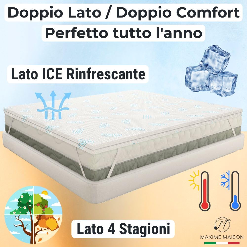 MAXIME MAISON - Topper Una Piazza e Mezza Double-Face ICE Rinfrescante con un Lato Estivo ed un Lato Classico 4 Stagioni, Topper 120x190 in Memory Foam Alto 5cm, Rigidità Media, Made in Italy