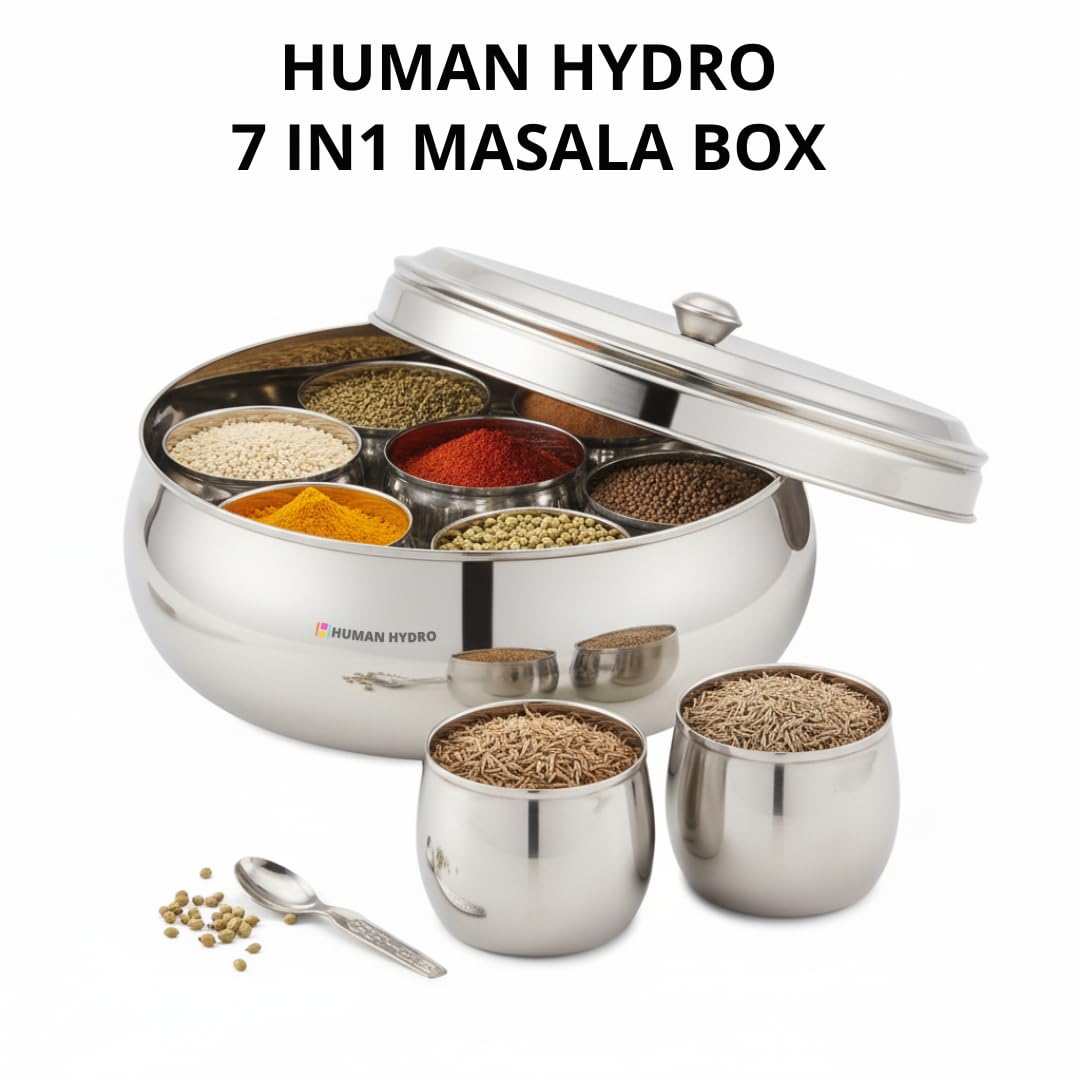 Human Hydro Premium Belly Shape Masala Dabba (18 cm, 7-in-1) | Stainless Steel Spice Box with See-Through Lid, 7 Containers & 1 Spoon | Compact Airtight Masala Box — Amazon image 2