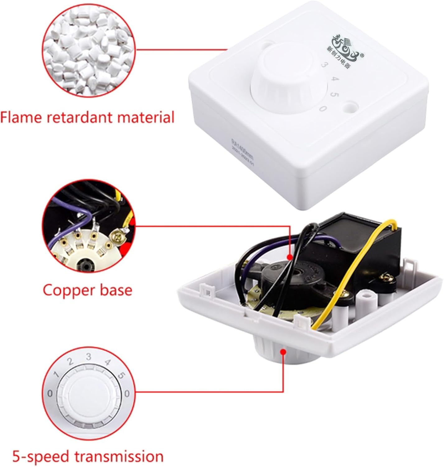 5 Gear Adjustable Ceiling Fan Speed Control Switch Wall Controller Switch Electronics Mechanical Rotary Switch Plastic
