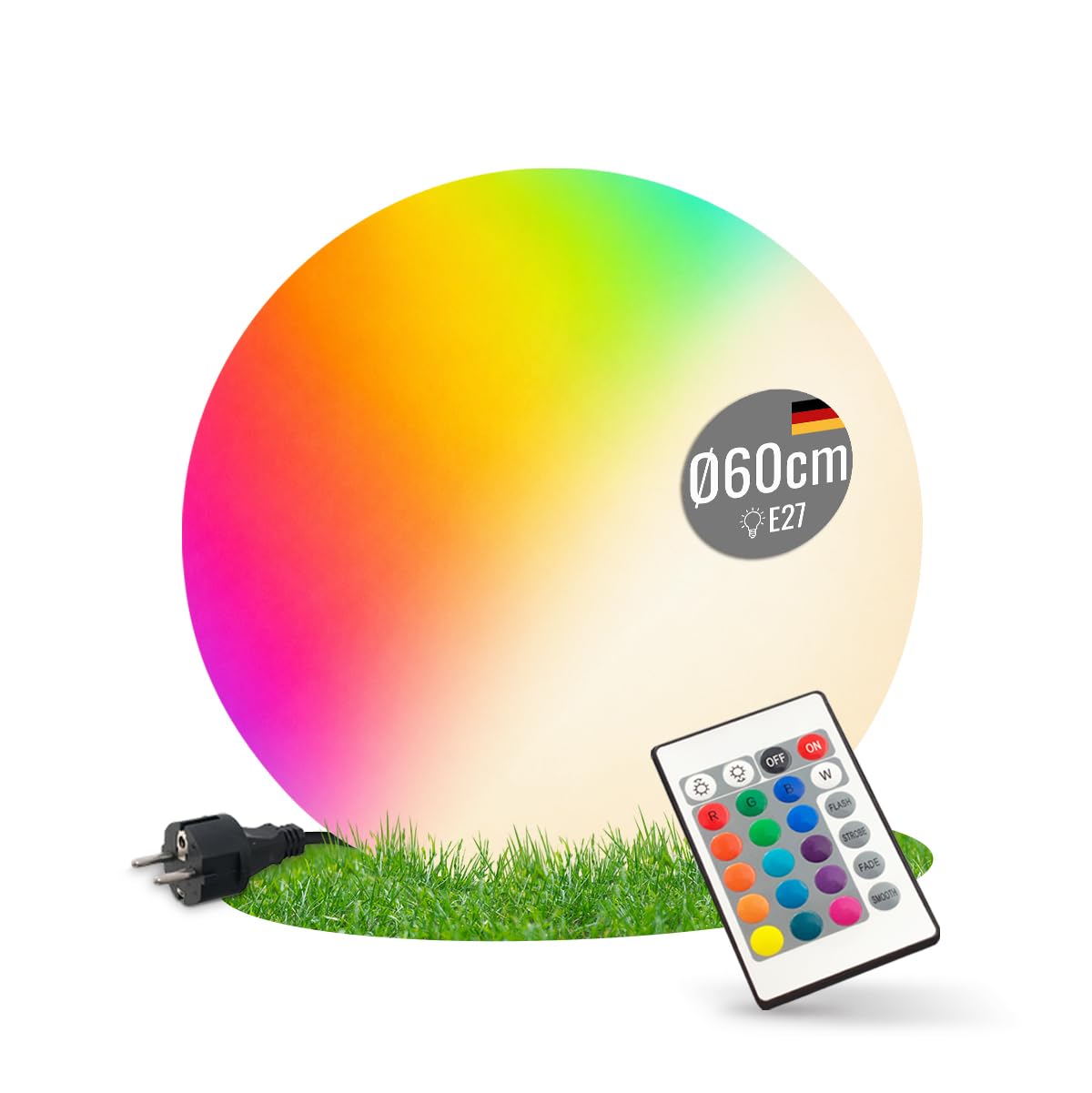 8 seasons design LED Kugelleuchte 60 cm Shining Globe (weiß) – E27, RGB Farbwechsel, dimmbar, mit Fernbedienung – große Kugellampe für außen (Garten, Terrasse & Balkon) und innen - robust & langlebig