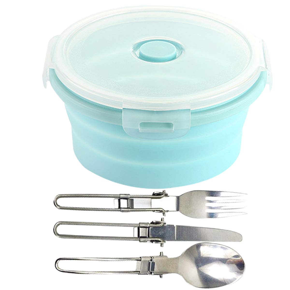 D DASAWAN 40oz Camping Bowl with Lid - Portable Collapsible Silicone Bowl and Foldable Stainless Steel Dinner Knife, Fork, Spoon Set for Travel and Camping - Microvave and Fridge Food Storage Bowl