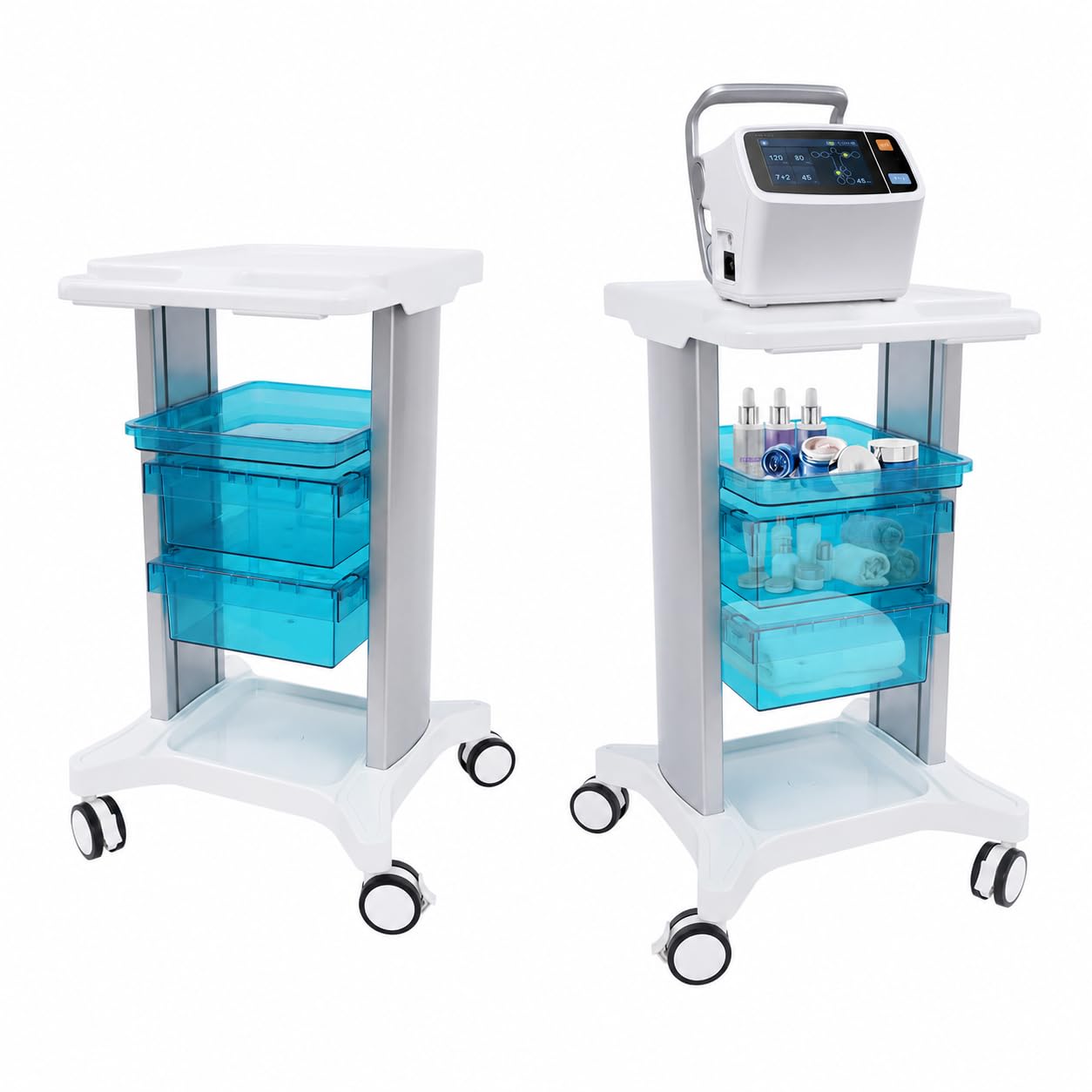 Wózek medyczny z 2 szufladami, 1 półka do laboratorium | Wózek kosmetyczny z obrotowymi kółkami Mobilny wózek do serwowania udźwig 100 kg 44,5 x 41,7 x 75 cm biały, niebieski