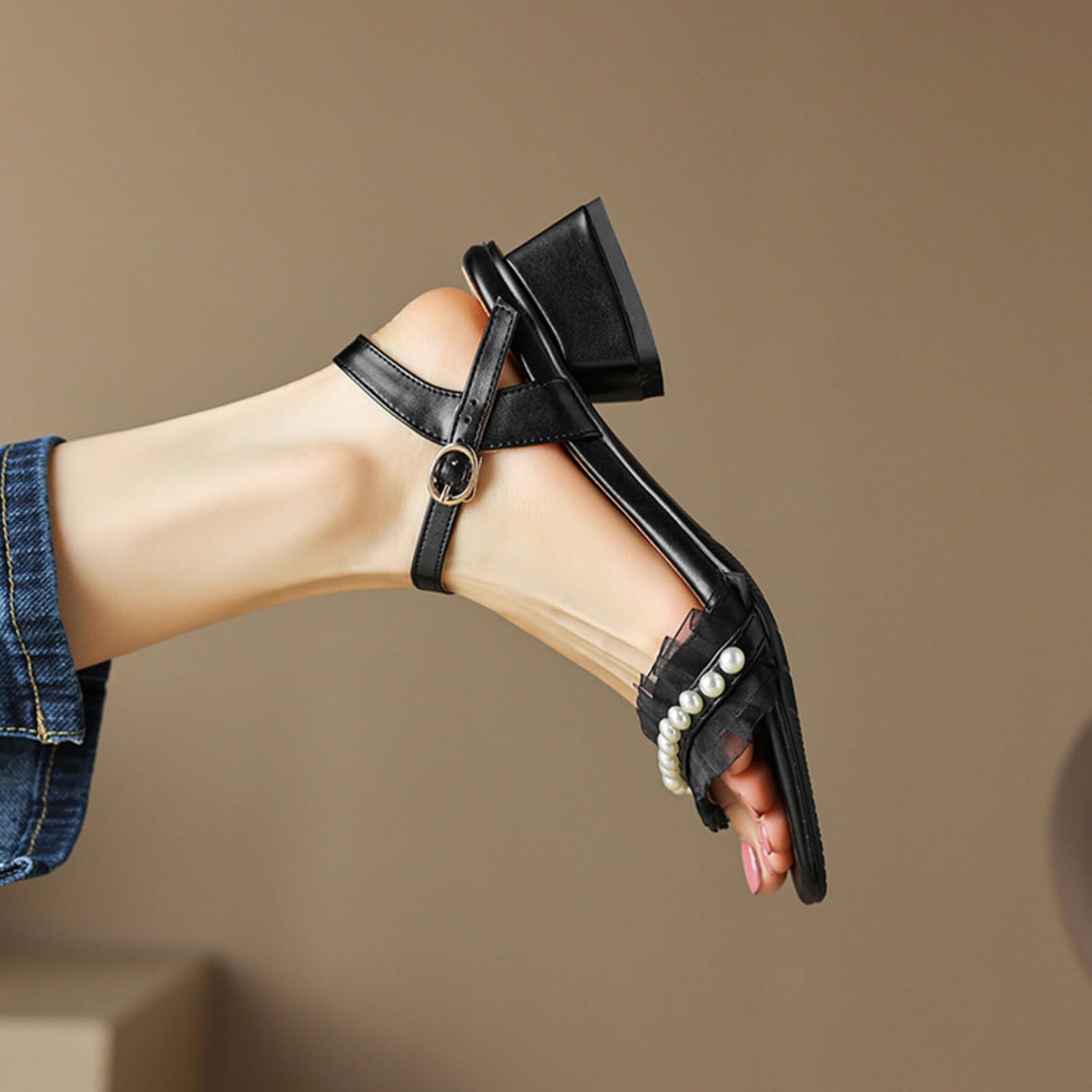 Generico Sandali Slingback Donna con Fibbia Metallica Regolabile Decorativo Perline Volant Tulle Fascia Singola Tacco Blocco Basso Calzature Estive Vita Quotidiana Ufficio Viaggi