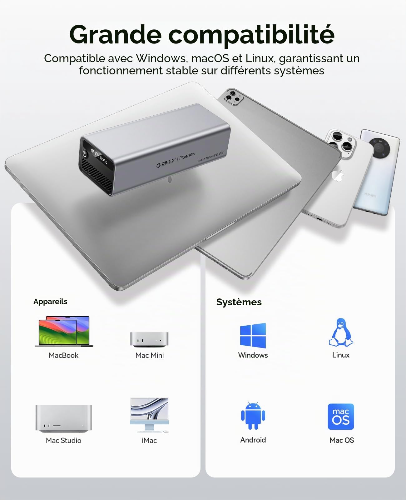 ORICO FlashGo 4To SSD Externe jusqu'à 3200 Mo/s, Thunderbolt 4 (40 Gbps), USB-C (10 Gbps) Disque Dur Externe SSD avec Ventilateur Intégré pour Montage Vidéo sur Mac Mini et MacBook FG02