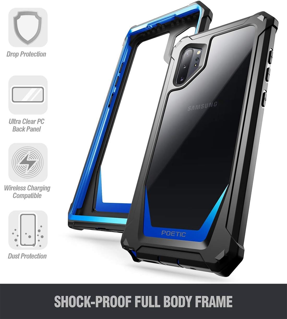 Galaxy Note 10 Plus Rugged Clear Case, Poetic Full-Body Bumper Cover, Support Wireless Charging, Without Built-in-Screen Protector, Guardian, Case for Samsung Galaxy Note 10+ Plus 5G, Blue