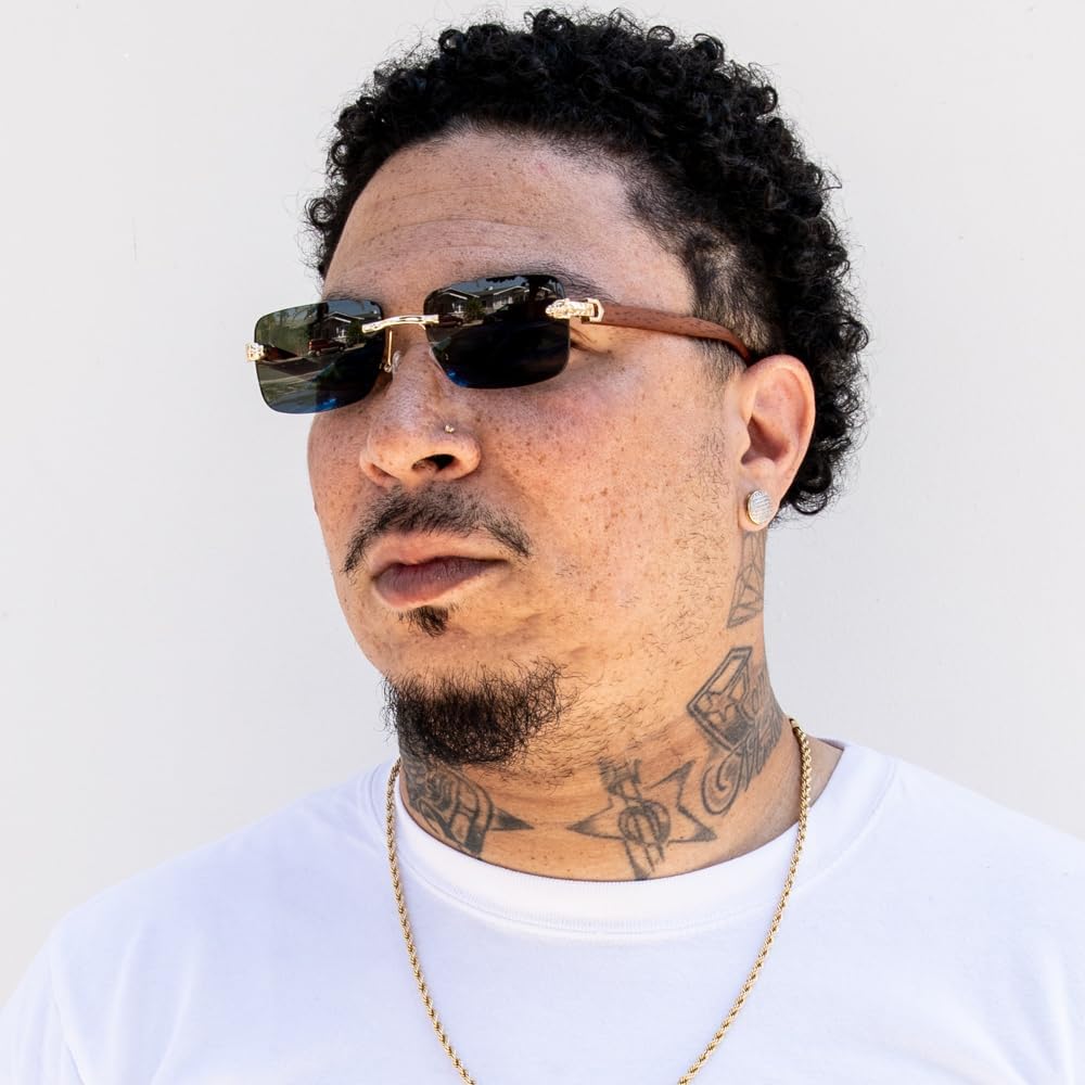 Luxury Gold Frame Unisex Rectangular Rimless Dark Green Tint Lens Retro 90's Stylish Leopard Head Hip Hop Sun Glasses Frameless Square Buffs Woodgrain Arm Summer Shades Sunglasses For Men And Women