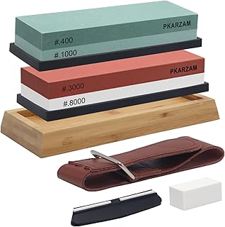 Whetstone Sharpening Stone Set 4 Side Grit 400/1000 3000/8000 Knife Sharpener Stone Kit with Flattening Stone, Non-Slip Bamboo Silicon Bases Angle Guide
