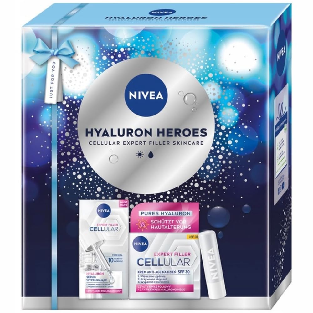 NIVEA Hyaluron Heroes Świąteczny prezent - Zestaw kosmetyków dla kobiet do twarzy: serum, krem Cellular Expert Filler i pomadka nawilżająca