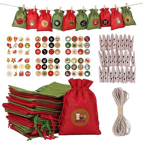Lucaidian Contagem Regressiva Para O Natal Com Bolsas Festivas De Calendário Do Advento Penduradas Em Serapilheira - 24 Dias De Surpresas! Bolsas Com Fecho De Cordão, Inclui Adesivos De Números Do Adv