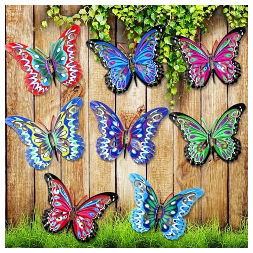 Jetec 8 Pieces Metal Butterfly Wall Art Decor, 3D Butterfly Hanging Wall Decor Sculpture for Balcony Patio Living Room Garden Outdoor Fence Decoration (Novel Style)