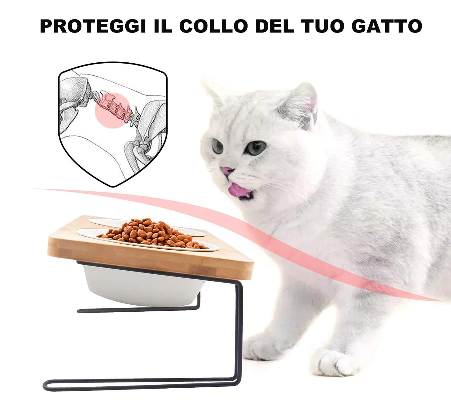 FUKUMARU Ciotola per Gatti e Cani Rialzata,Ciotola per Cibo per Gatti Inclinata di 15°, con Bambù Antiscivolo e Supporto in Metallo,Ciotola in Ceramica di Alta Qualità del Diametro di 14 CM.