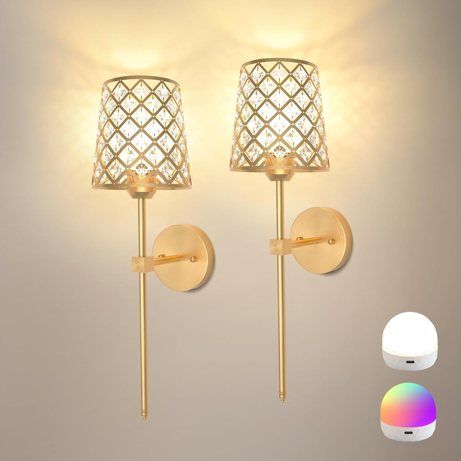 Crystal Battery Operated Wall Sconces Set of 2, Gold Rechargeable Wireless Wall Sconce Lights for Home Decor, Dimmable 12 RGB and 3CCT Wall Lamps with Remote for Living Room Bedroom Hallway