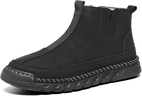 Mens Casual Leather Loafers Fashion Comfortable Chelsea Boots Hand Stitched Mid-top Driving Shoes