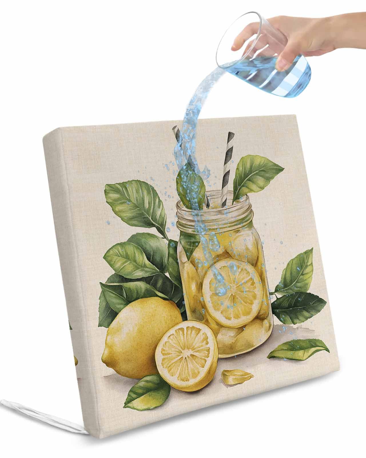 2 Pack Summer Lemon Waterproof Cushion Covers with Ties, Outdoor Patio Chaise Lounge Chair Seat Cushion Slip Covers Replacement(Only Cover) Yellow Fruits Green Leaf Vase Vintage 22