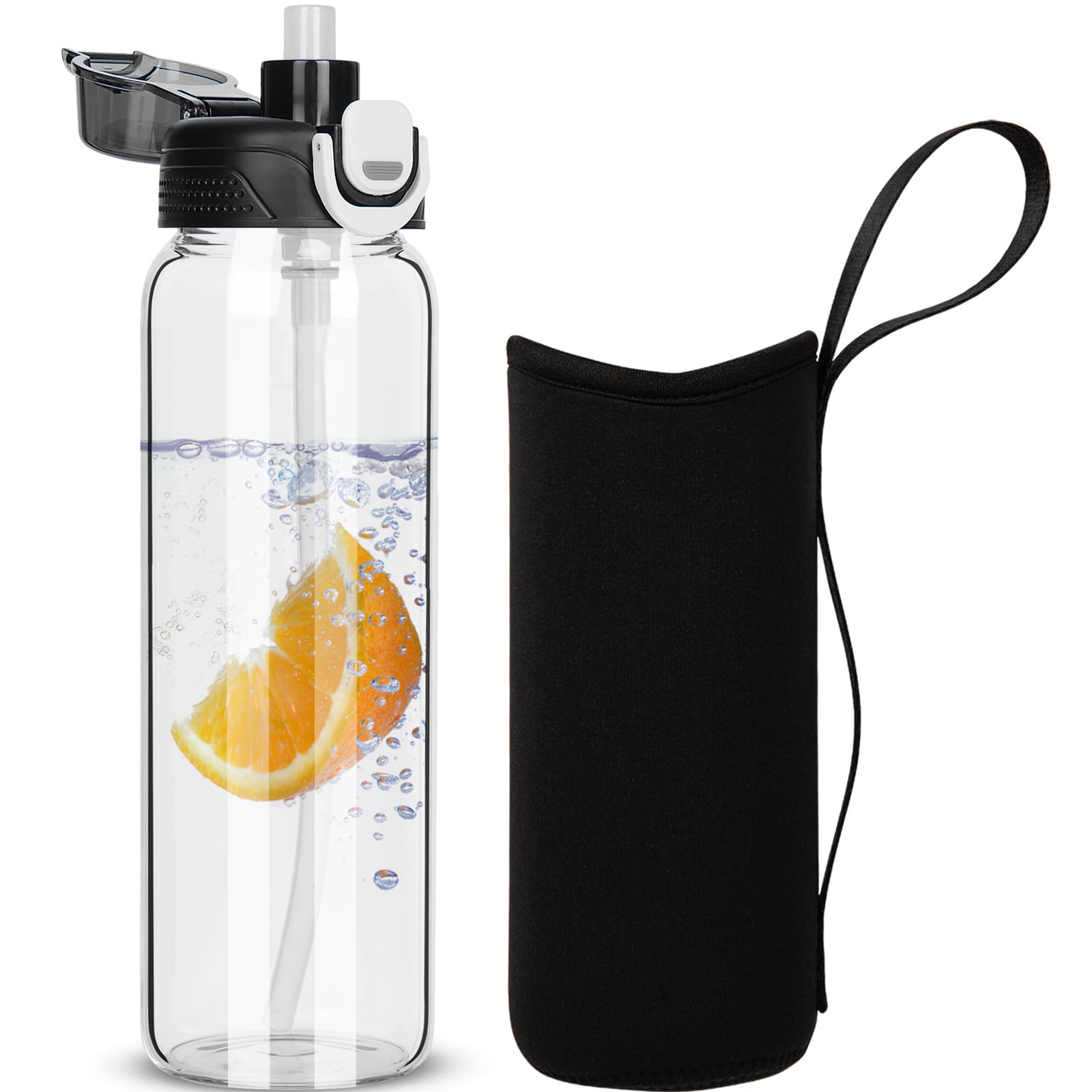 0,8 l Szklana butelka na wodę ze słomką, 800 ml Szczelna szklana butelka na wodę z neoprenowym etui ochronnym