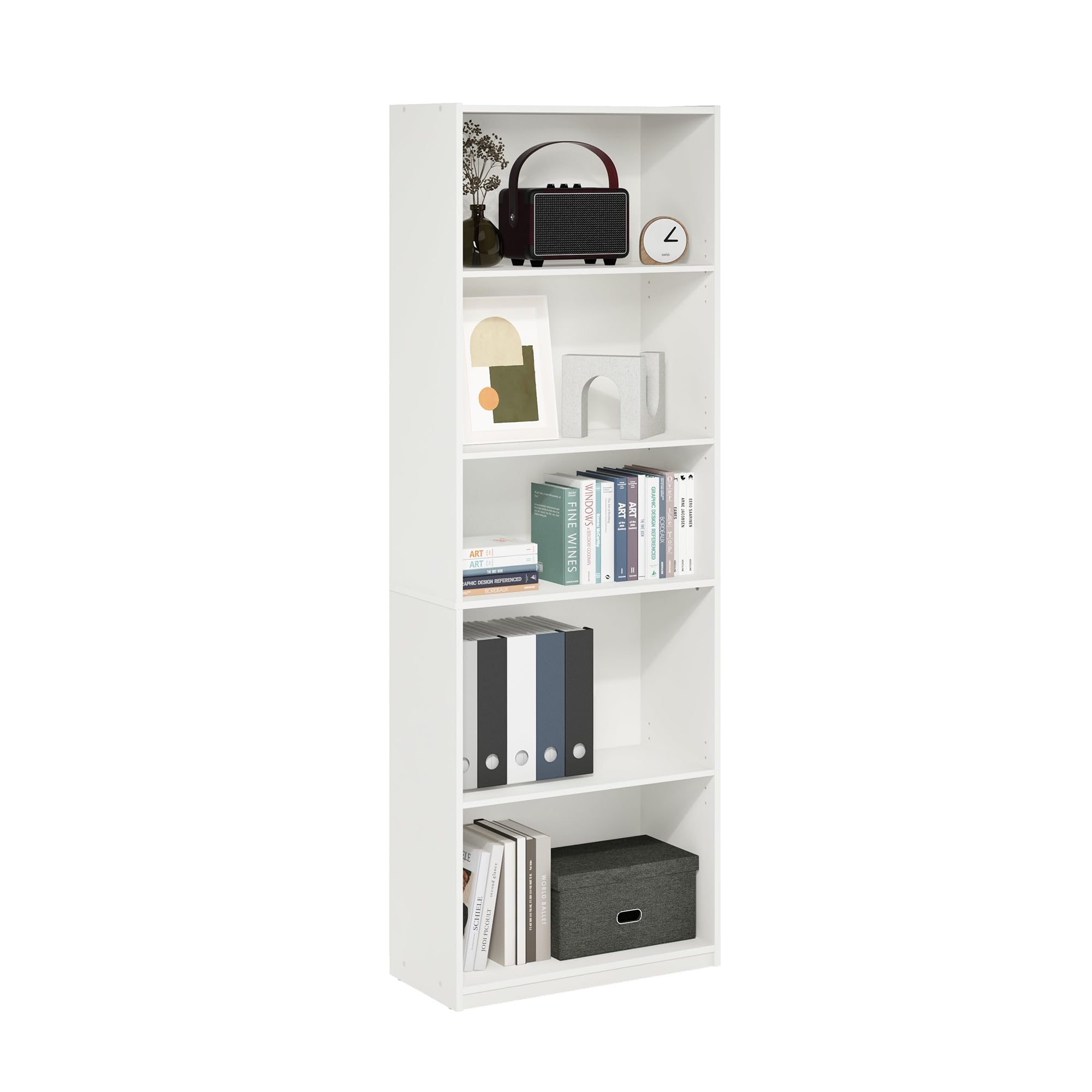 Furinno GEHRY Book Shelf, 5-Tier Bookshelf with Open Shelf, Standing Bookcase with Adjustable Shelves, 11.6 x 24.8 x 71.4, for Living Room, Bedroom, Home Office, White