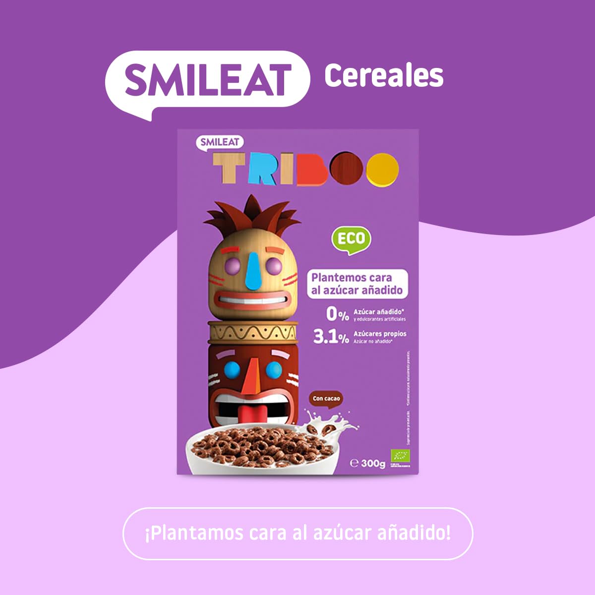 Smileat - Cereal TRIBOO Sabor a Cacao - Snack para peques - Sin Azúcar ni Sal Añadidos - Ecológico y 100% Vegetal - Textura Crunchy - Ideal con Leche o Yogur - 300g