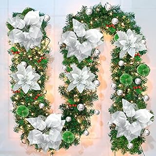 Timiyou Pre-lit Christmas Decoration Garland, Christmas Artificial Green Pine Garlands, Christmas Rattan with Warm LED Lights, Silver Flower and Silver Ball, 9ft