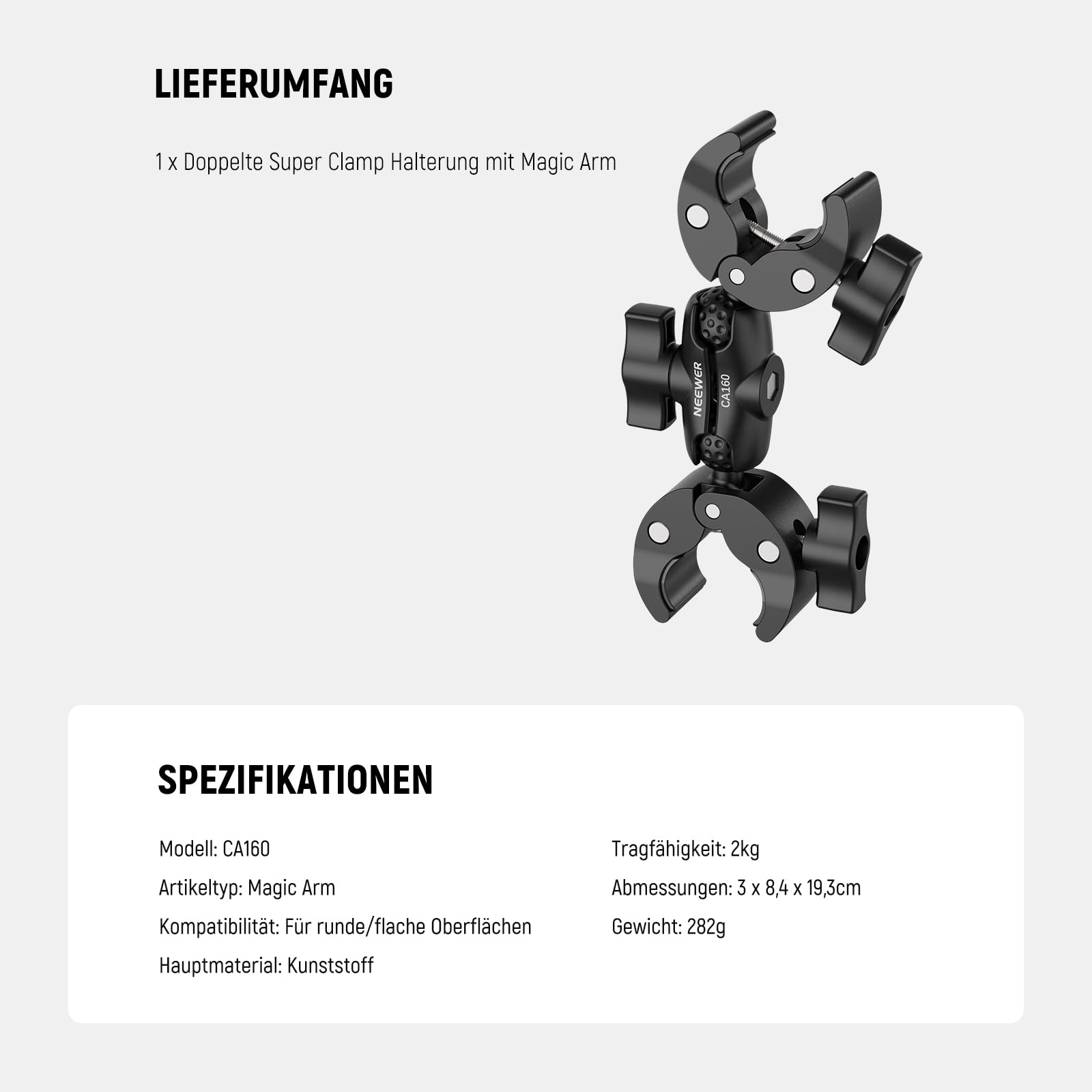NEEWER Super Clamp Mount mit Magic Arm, Doppelklemme Halterung, 360° Klemmenhalter für Schreibtisch Fotostudio Lichtstativ Fotografie Reflektor Scrim Querstange Motorradlenker Kinderwagen Stuhl, CA160