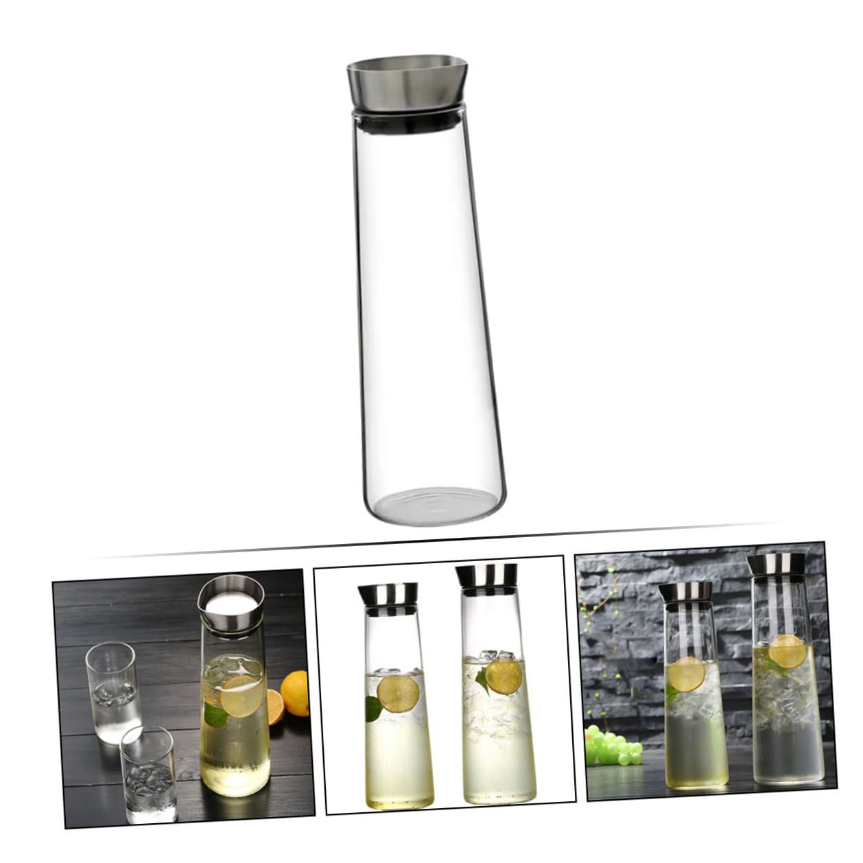 DOITOOL Jarra de Agua Fría de Vidrio de Borosilicato 1L Tapa de Acero Inoxidable Diseño Recto Antidesbordamiento Recipiente Transparente para Jugo Adecuado para Uso Doméstico y Oficina