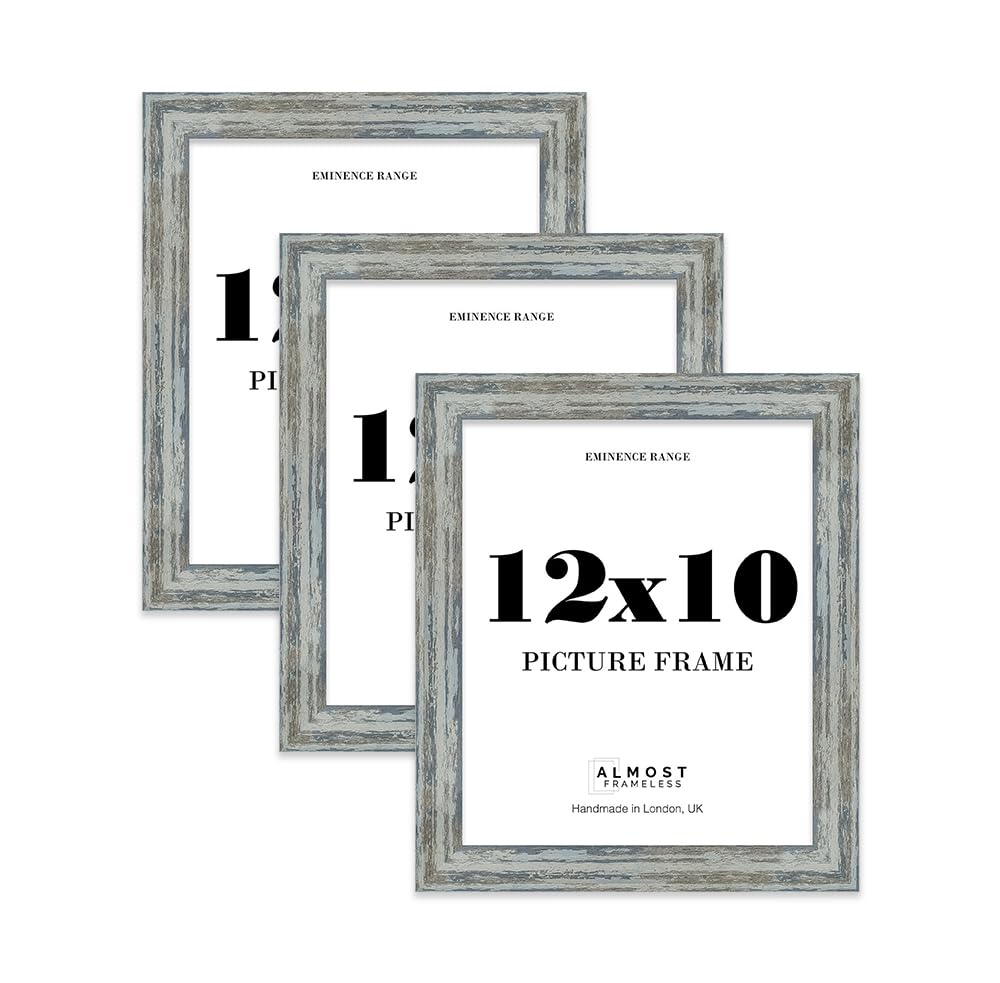 12x10" Distressed Blue Picture Frame - Rustic Wood Industrial Effect Photo Frame for Wall Display, Ideal for Posters, Prints & Home Décor, Wall Hooks and Kickstand, 32mm Edge - 3 Pack