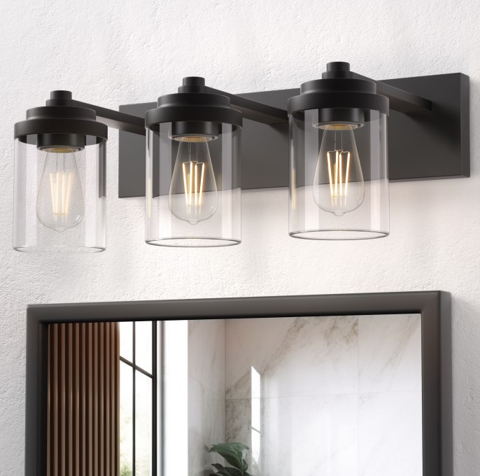 Image of Bathroom Vanity Light, 3-Light Modern Black Vanity Light Fixtures with Clear Glass Shade, 22in Matte Black Bathroom Light Fixtures Over Mirror, Rustic Restroom Lighting Fixtures