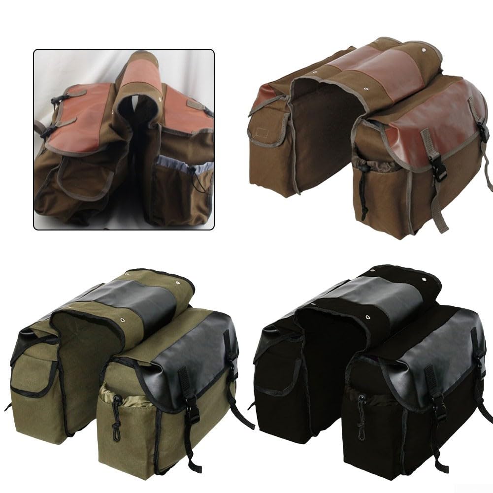 Borsa da bici posteriore in tela con cuciture in pelle, resistente, per pendolari e viaggi, scomparti multipli fissati da chiusura con fibbia (cammello)