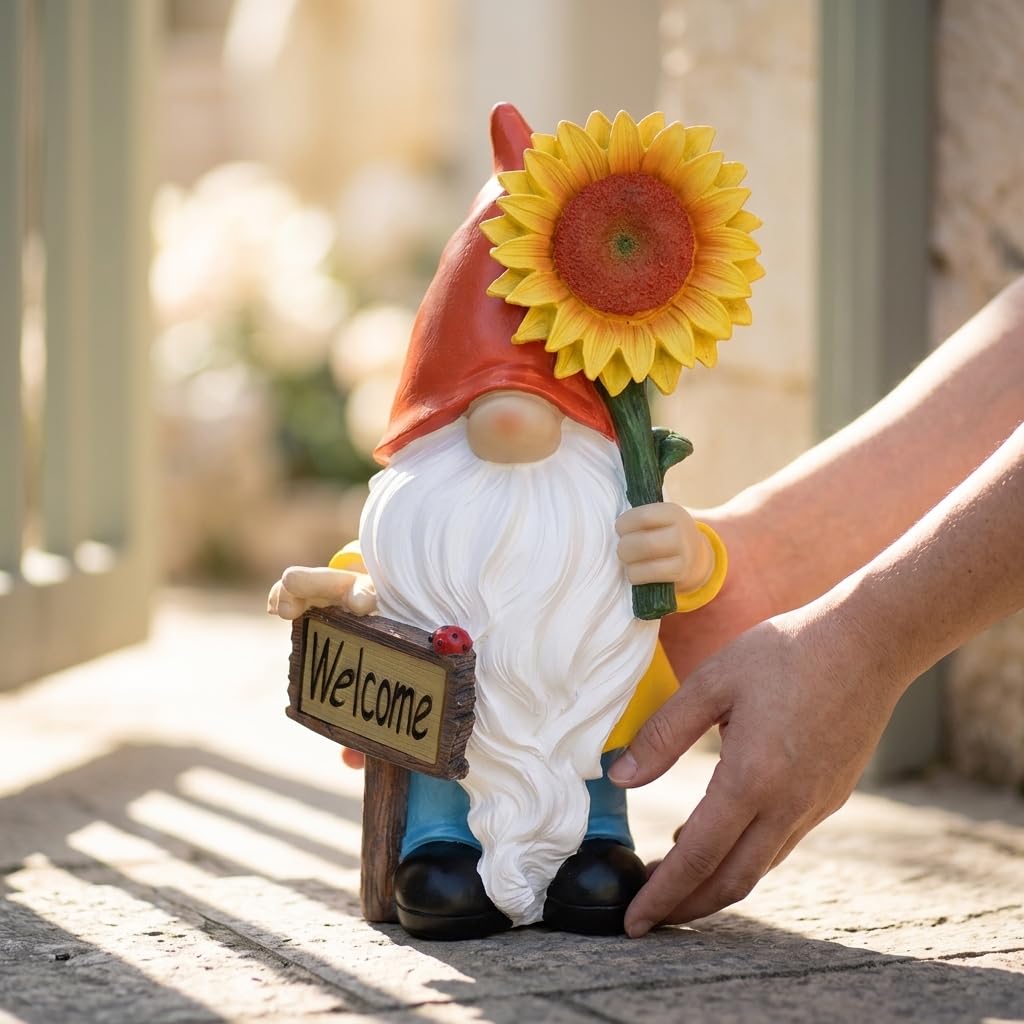 suruim Estatua de gnomo de jardín con luces LED, figura de Tomte Nisse de resina de girasol de 12 pulgadas con letrero de bienvenida, decoración de jardín al aire libre para patio, césped, patio